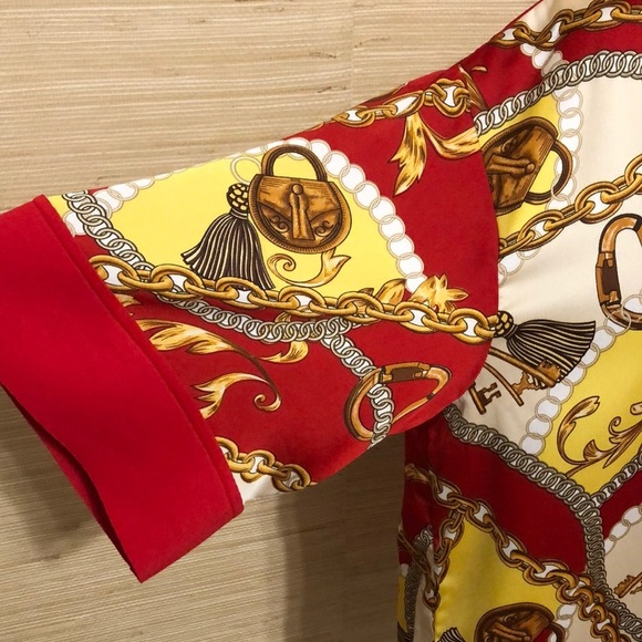 Red Gold Buchona Chain Tassel Print Women's  7/8 Wide Sleeve Lightweight Top L - Picture 4 of 10